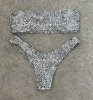 White and Black Spotted Bandeau Bikini Set - Women Swim Bikini thumbnail 1
