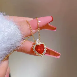 18K Gold Plated Birthstone Crystal Love Heart Ruby Pendant Necklace for Women thumbnail 2
