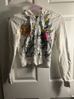 Ed Hardy Women's White Zip-Up Hoodie with Tiger and Dragon Graphic thumbnail 1