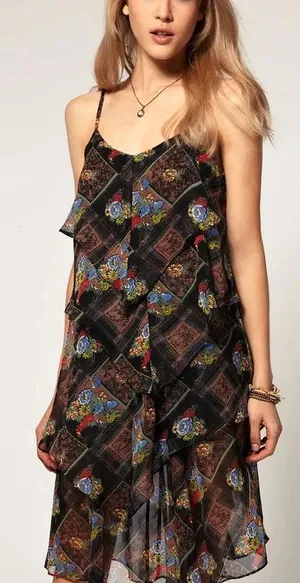 Free People Dress SZ 6 Daisy Chain Floral Plaid Chiffon Tiered Ruffle Sheer Boho thumbnail 1