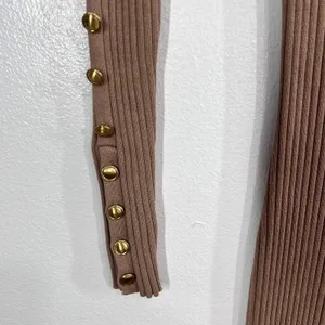 Bebe Ribbed Knit Bodycon Dress Womens XS Sesame Tan Gold‎ Button Shoulder Slit thumbnail 10