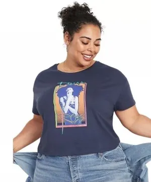 Diana Old Navy‎ Women 2X Blue Cropped T-Shirt Casual Retro 70s Colorful Icon thumbnail 1