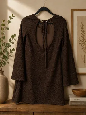 SheIn Brown Textured Long-Sleeve A-Line Dress thumbnail 3
