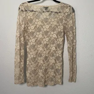 Tan Sheer Lace Top Medium Fairycore Festival Mesh Bohemian Boho Hippie Layering thumbnail 2