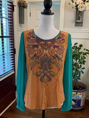 Flying Tomato NWOT Unique Embroidered Camel, Green and Navy Women's Blouse thumbnail 1