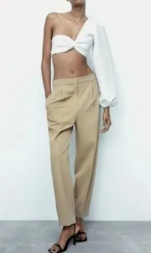 Zara High Rise Tapered Trousers Pleated Slash Pockets L Cream #1942 thumbnail 1
