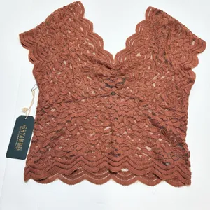Shyanne Lace Knit Flutter Sleeve Crop Top Womens S Scalloped Edge Rust Boho NEW thumbnail 1