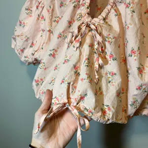 Anthropologie Pink Floral Puff Sleeve Open Back Ruffle Crop Top Mock Neck thumbnail 9