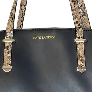 Kate Landry Black Leather ‎ Python Snake Print Tote Shoulder Bag Zip Top thumbnail 2
