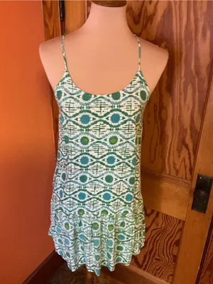 Roxy Green White Geometric Mini Dress Small Adjustable Strap Beach Sundress thumbnail 9