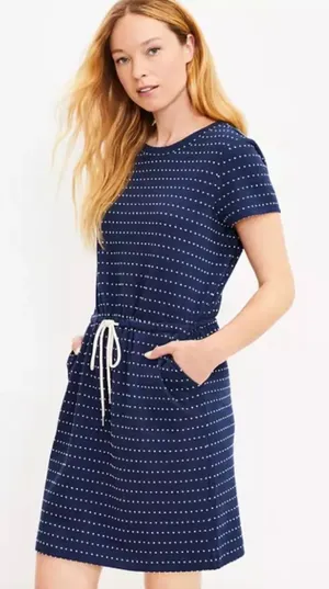 Lou & Grey Navy Blue White Polka dots Everyday Dress Pockets Cinched Waist M thumbnail 1