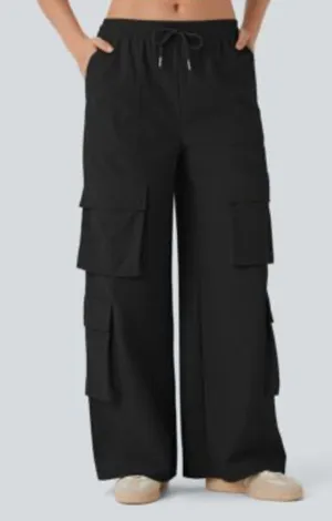 Halara size tall large new Black Wide Leg Cargo Pants velour Ribbed casual relax thumbnail 1