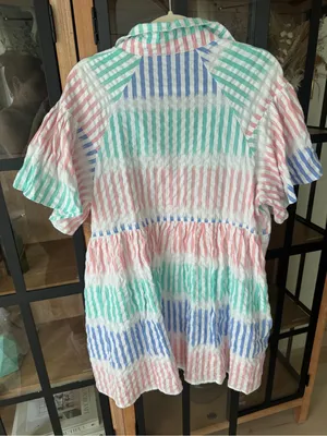 AURA Striped pastel babydoll shirt dress mini button down pockets collar short thumbnail 4