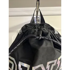 PINK Victoria's Secret Cinch Drawstring Large Back Pack Black/Silver NWOT thumbnail 2