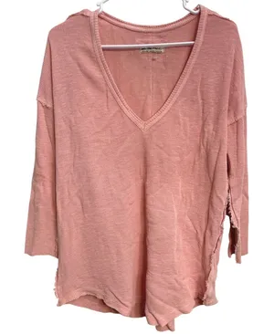 Free People We The Free Thermal Top XL Pink Oversized Boho Waffle Knit Tunic thumbnail 1