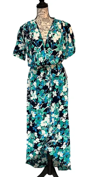 NWT Fraiche by J Blue Floral Maxi Dress Size Medium Faux Wrap Elastic Waist thumbnail 1