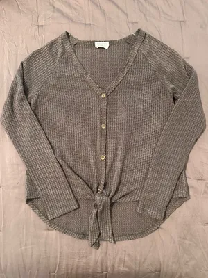 Sienna Sky Dark Green Waffle-Knit Button-Front Tie Hem Top thumbnail 1