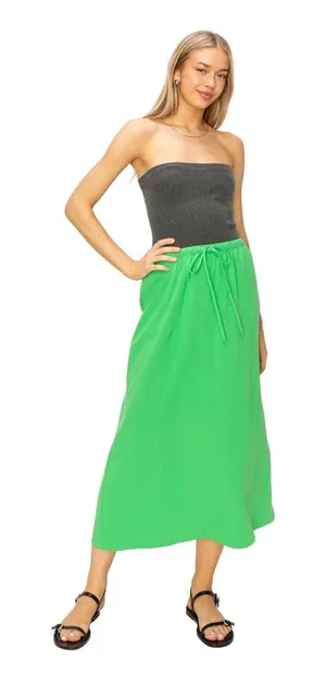 HYFVE Women’s Green Linen Blend Midi Skirt Drawstring Elastic Waist Flowy Casual thumbnail 1