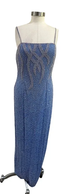 Vintage Laurence Kazar‎ Beaded Silk Gown Formal Old Hollywood Glam Blue Sz 10 thumbnail 1