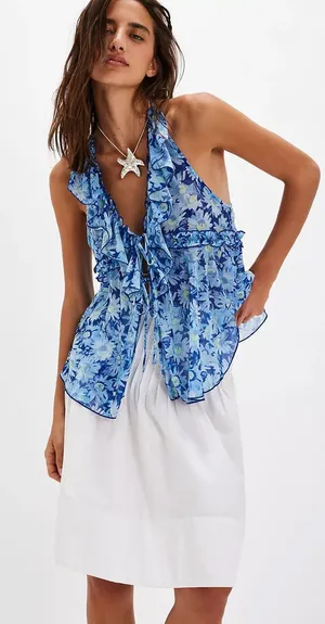 Free People Fearless Tank Blouse Blue Floral Ruffle Tie Front Sheer Peplum Med # thumbnail 1