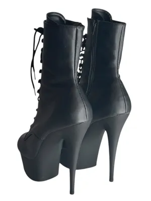 new Pleaser 𖤐 Delight 1020 Platform Stiletto Lace Up Boot 𖤐 Black Faux Leather thumbnail 9