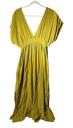 BLANCA Boho Gauze Maxi Dress Women OS Yellow V-Neck Smocked Waist Cotton Summer thumbnail 1