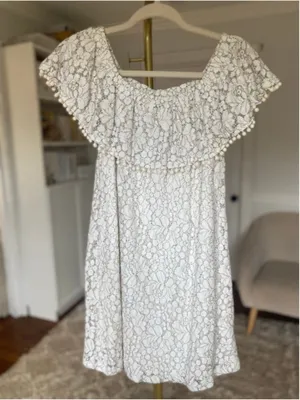 As You Wish White Mini Dress Lace‎ Pom Trim Cottagecore Romantic Boho S thumbnail 2