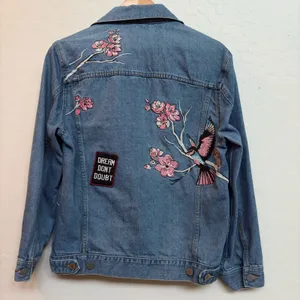 Divided Denim Jacket Embroidered Bird Floral Boho Retro Casual Womens Size‎ 6 thumbnail 4