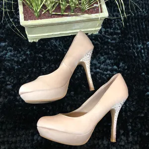 Olsenboye Champagne Satin shoes w/rhinestones on the heels. thumbnail 2