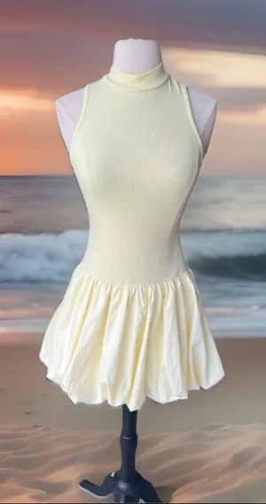 Sleeveless Pastel Yellow Bubble Hem Mini Dress Summer thumbnail 1