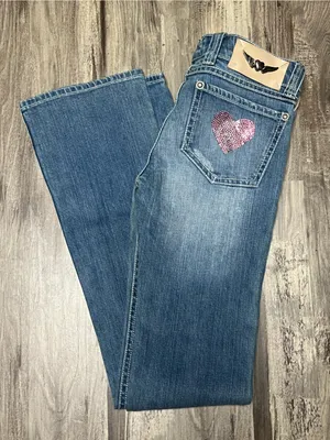 Vintage Y2K Twisted Heart Low Rise Flare Jeans Pink Rhinestone Embellished 27x35 thumbnail 1