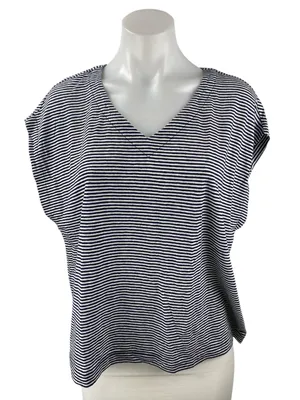 Madewell Black White Linen Striped V Neck Drop Sleeve T Shirt Tee Top Size M thumbnail 1