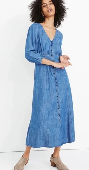 Madewell Denim Button Front Midi Dress Blue V-Neck Puff Sleeve Size 0 G7873 thumbnail 1
