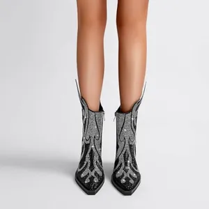 Black Silver Glitter Rhinestone Flame Pattern Cowgirl Ankle Boots US 7 / 7.5 thumbnail 3