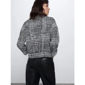 Zara Women's Black White Plaid Tweed Long Sleeve Crew Neck Coat Jacket Top S thumbnail 5