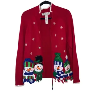 Vintage Ugly Christmas Snowman‎ Sweater Cardigan Tiara International Large Red thumbnail 2