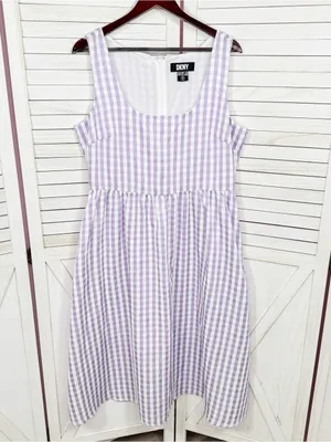 DKNY Gingham Check Square Neck Midi Dress Purple White 12 Cottagecore Sleeveless thumbnail 8