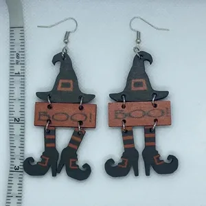 New Halloween Boo witch wooden‎ hook dangle earrings teacher fall artsy thumbnail 2