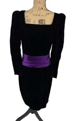 Jessica McClintock Gunne Sax Dress 11/12 Black‎ Velvet Purple Satin 80s HCO Prom thumbnail 1