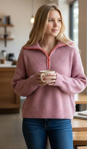 Aerie Cotton Wool Sweater Medium Pink Striped Quarter Zip Pullover Soft Girl thumbnail 1