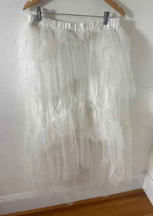 Maeve Anthropologie White Tulle Pearl Tiered Maxi Skirt Large NWT Blanc 79681953 thumbnail 1