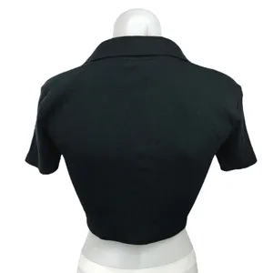 Zara Black V-Neck Collar Ribbed Knit Short Sleeve Polo Shirt Crop Top Size M thumbnail 2