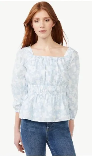 Free Assembly Floral Peplum Top Square Neck Smocked Waist Blue White Small thumbnail 1