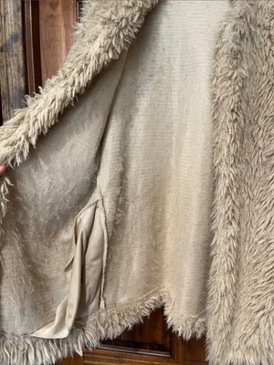 Unbranded Beige Shaggy Faux Fur Coat Open Front Plush Long Sleeve Jacket O/S thumbnail 2