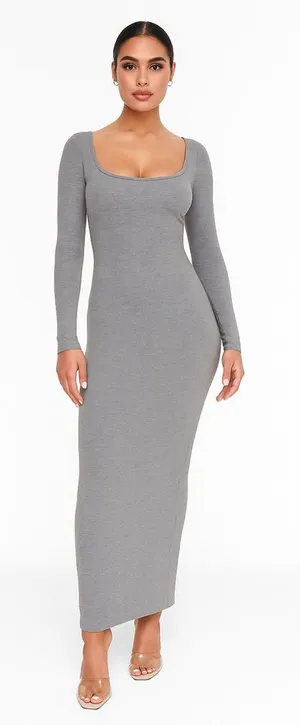 SKIMS Soft‎ Lounge Long Ribbed Long Sleeve Maxi Dress Heather Gray Size XS thumbnail 1