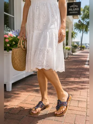Jack Rogers Jacks Flat Sandals Navy Floral Leather Whipstitch Thong‎ Slide 9M thumbnail 2