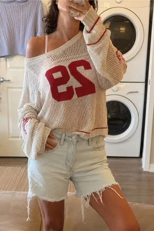 Off-Shoulder Cream Knit Sweater with Red Number Detail thumbnail 1