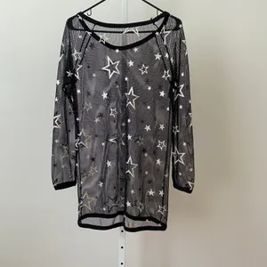 Goth Rave Goth Moody Feminine‎ L Black Mesh Star Print Top Sheer Celestial Rave thumbnail 5