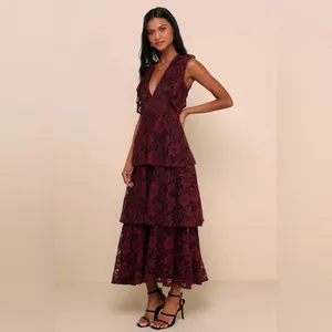 Lulu's Molinetto Burgundy Lace Ruffled Tiered Sleeveless Maxi Dress thumbnail 5