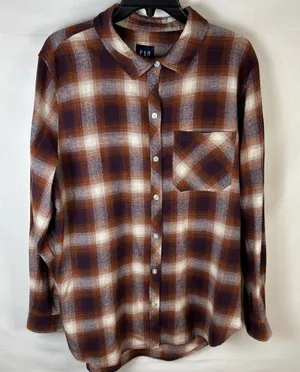 GAP Women's Soft Cotton Flannel Relaxed Fit Brown Plaid Women’s Large thumbnail 1